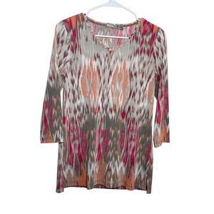Chico's Easywear Blouse Women's 0 Colorful V-Neck 3/4 Sleeve Artsy Shirt Top